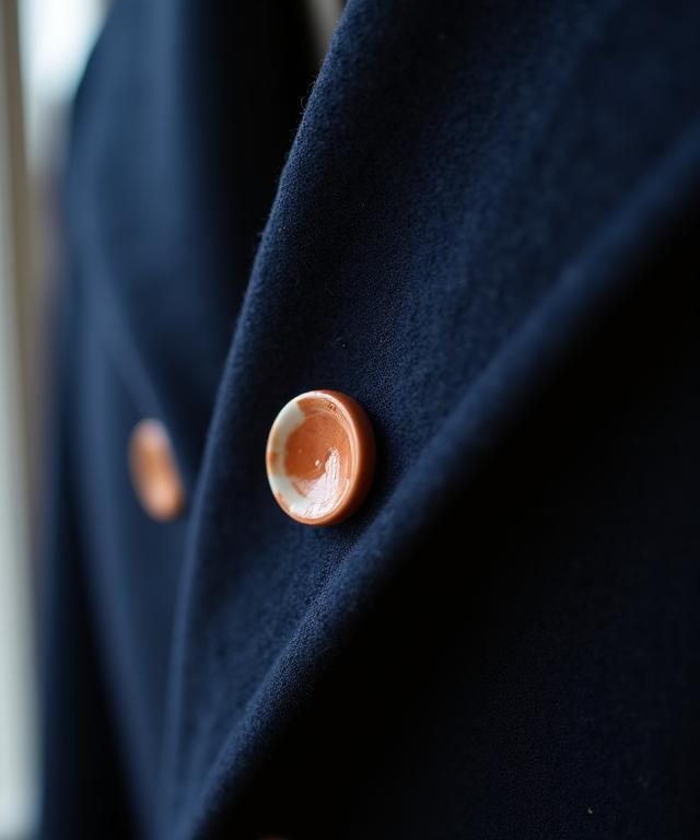 Dettaglio bottoni ceramica smaltata su blazer blu