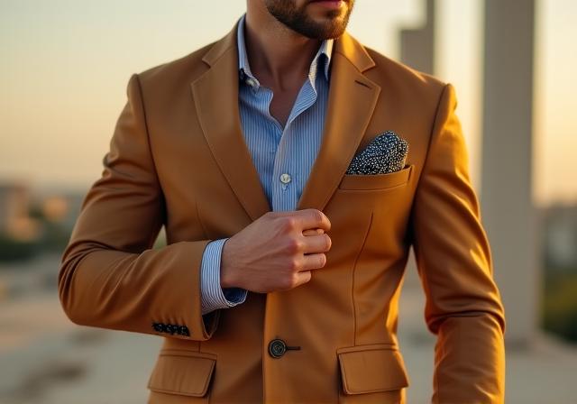 Dettaglio di un blazer abbinato a una pochette e orologio elegante