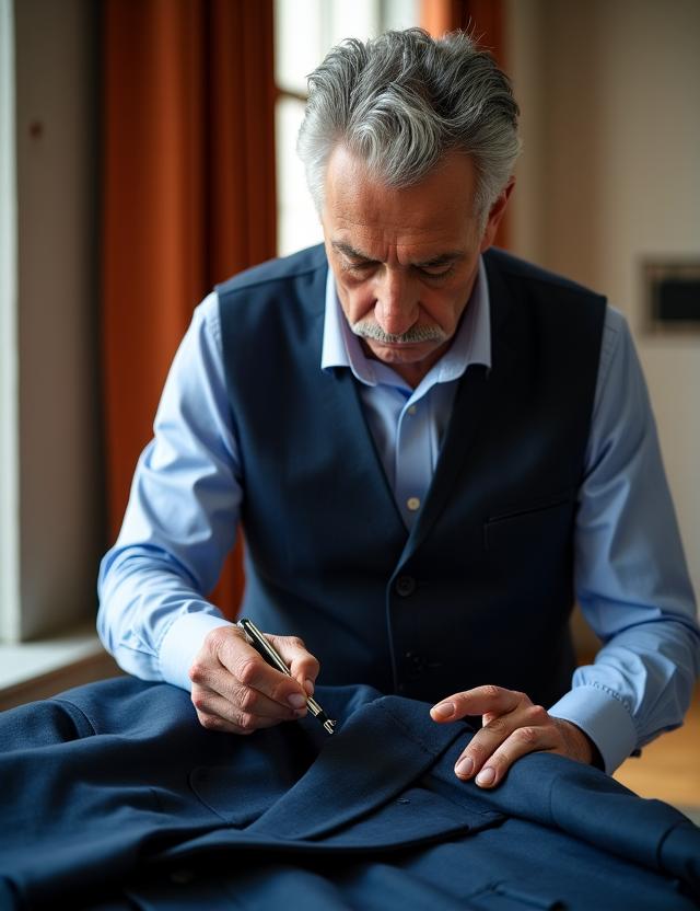 Sarto italiano al lavoro su un blazer di lusso