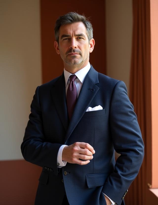 Uomo elegante che indossa un blazer blu navy con dettagli ricercati